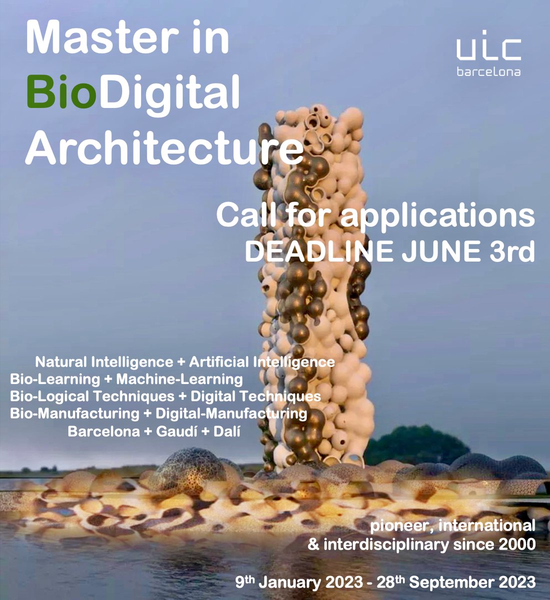 AlbertoTEstevez's tweet photo. CALL FOR APPLICATIONS - Deadline: June 3, 2022!
BIODIGITAL ARCHITECTURE:
Biology and Digital, the current cutting edge in architecture and Design.
Apply now for the Master of Biodigital Architecture:
https://t.co/d29JI5vh3v https://t.co/2Z5VqAOlDN