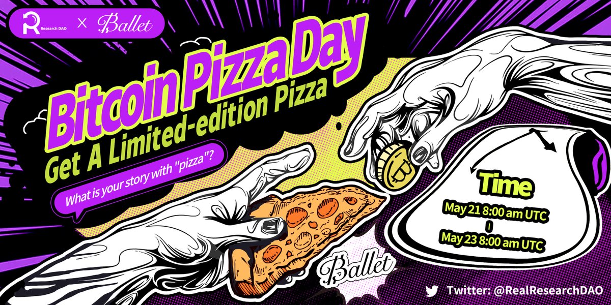 Research DAO X <a href="/BalletCrypto/">Ballet</a> 

📢What is your story with "pizza"? #BitcoinPizzaDay

🎁Get a limited-edition pizza wallet from <a href="/BalletCrypto/">Ballet</a>
balletcrypto.com/en/real/pizza/

✅ RT + FL <a href="/RealResearchDAO/">Research DAO - We are hiring!</a> &amp; <a href="/BalletCrypto/">Ballet</a> 
✅ Join discord.com/invite/ZSdgM7x…
✅ Start here gleam.io/zqsgk/bitcoin-…