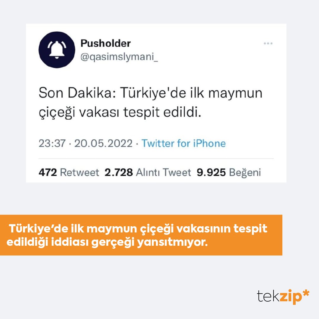 ❌ Türkiye'de ilk maymun çiçeği vakasının tespit edildiği iddiası gerçeği yansıtmıyor.

✅ Sağlık Bakanlığı tarafından yapılmış Türkiye'de maymun çiçeği vakası tespit edildiğine dair herhangi bir açıklaması bulunmuyor.