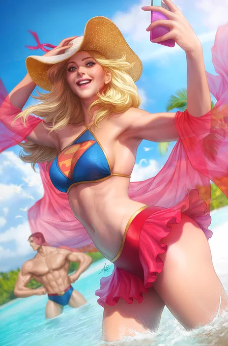 DC swimsuit special variant cover for Action Comics 1046 featuring my favorite Supergirl having fun at the beach ( and Clark's photobombing) #supergirl #superman #actioncomics 