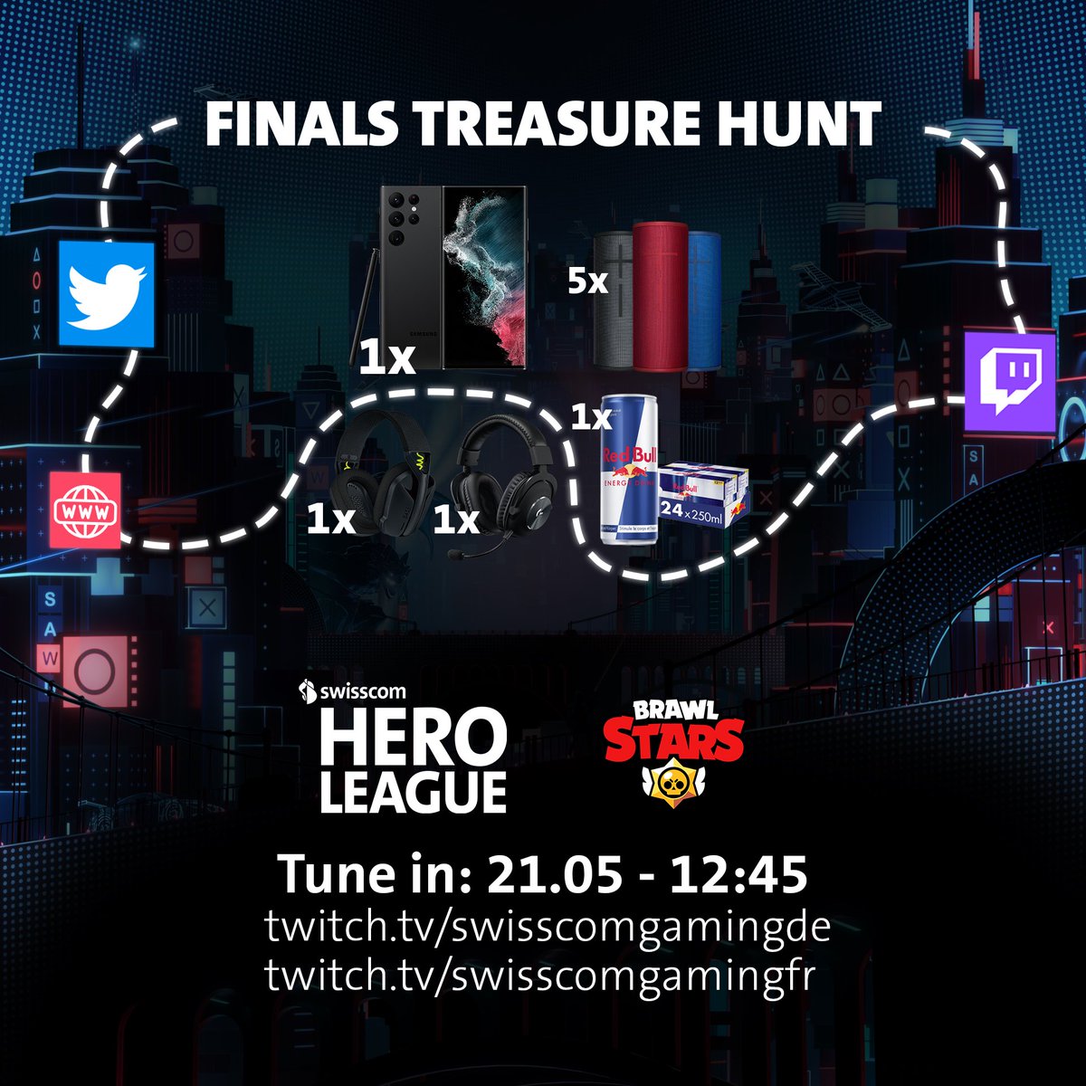 Die SwisscomHeroLeague ist LIVE mit den #BrawlStars Playoffs!
twitch.tv/swisscomgaming… (Werbung)

 Während des <a href="/Swisscom_Gaming/">Swisscom Gaming</a> Streams gibt es auch eine digitale Schatzsuche mit kranken Preisen für die Zuschauer!
swisscom.ch/gaming/en/trea…