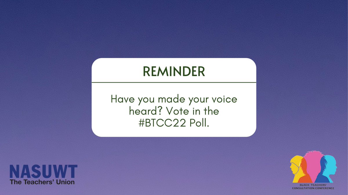 STynesideNASUWT's tweet photo. NASUWT: ๐จFinal chance to participate in our #BTCC22 poll. We want to hear from you!
Log in to the Conference app to take part. https://t.co/9cXQlgoM2E