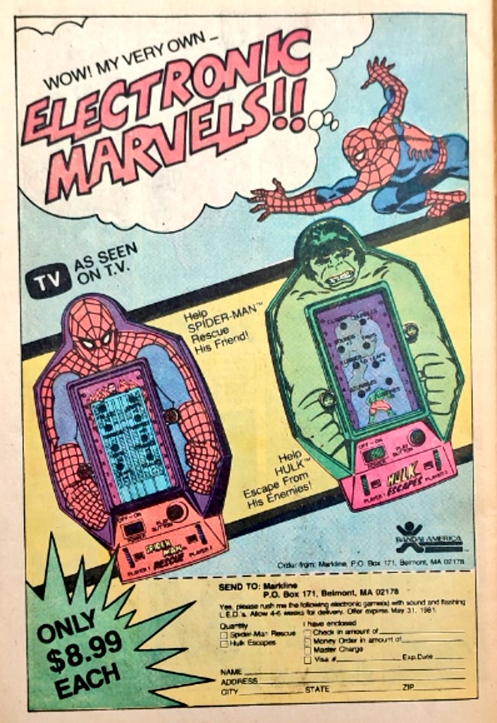 Marvel electronic games. USA advert, 1980 #marvel #80s #eighties #oldadverts #spiderman #hulk