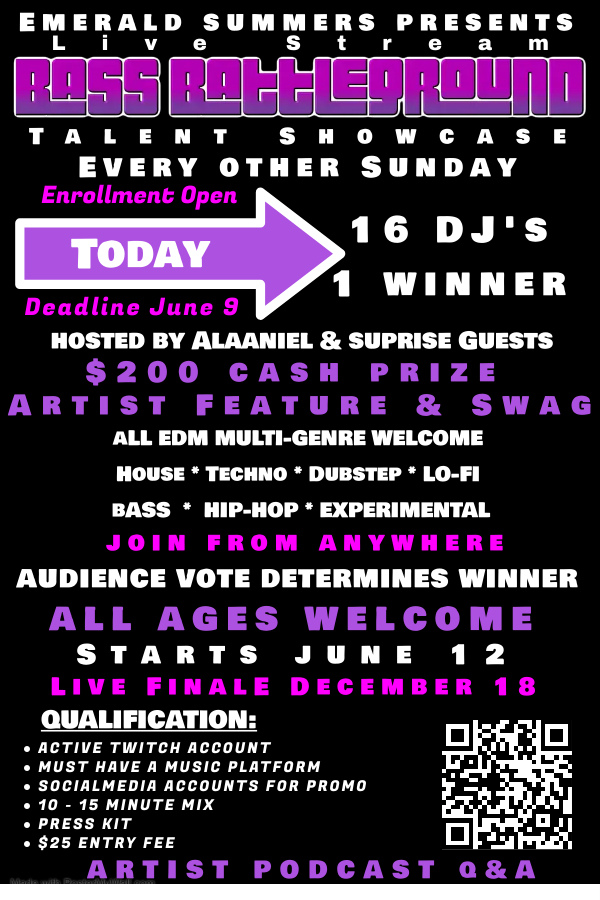 emeraldsummers_'s tweet photo. Starting 6/12 tune into Bass Battleground hosted by @Alaaniel on our Twitch every other Sunday at 3PM EST as 16 DJs compete for $200 cash & more! Follow for announcements or sign up to participate:
https://t.co/04qTWejG53
#ESPresents #BassBattleGround #Twitch https://t.co/3ciEJJzuPk