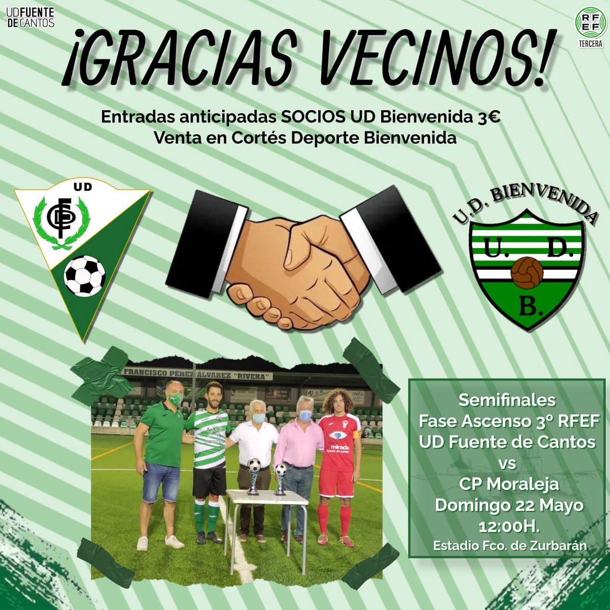 UD_Bienvenida's tweet photo. 😊Nuestros amigos y vecinos de la @UDFDC se juegan mañana el acceso a la fase final del ascenso a la #TerceraRFEF.
Y han tenido este detallazo con nosotros: entradas anticipadas y más baratas para los #culebrones.
El domingo, sacad un ratito para animar a la @UDFDC💚 🙌 https://t.co/tGOhW6ZAuJ