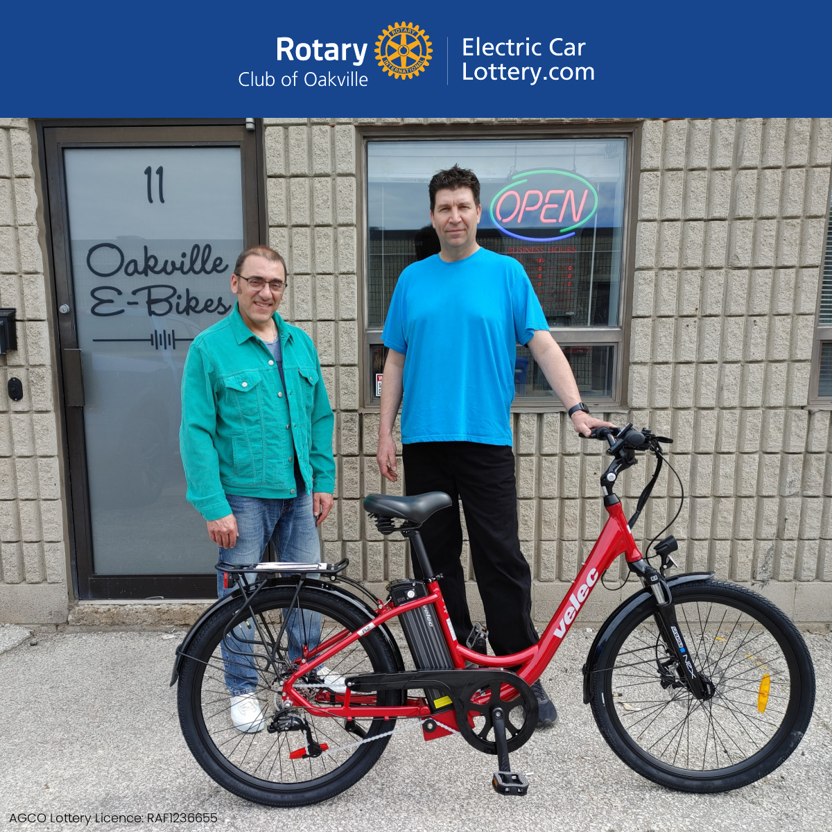 David Edgar was our 1st #EarlyBird winner who is taking home a Velec A2 e-Bike! You still have time to get in our 2nd Early-Bird Draw on June 1st! 

ElectricCarLottery.com

AGCO LIC # RAF1236655

#ElectricCarLottery #WinACar #OakvilleRotary