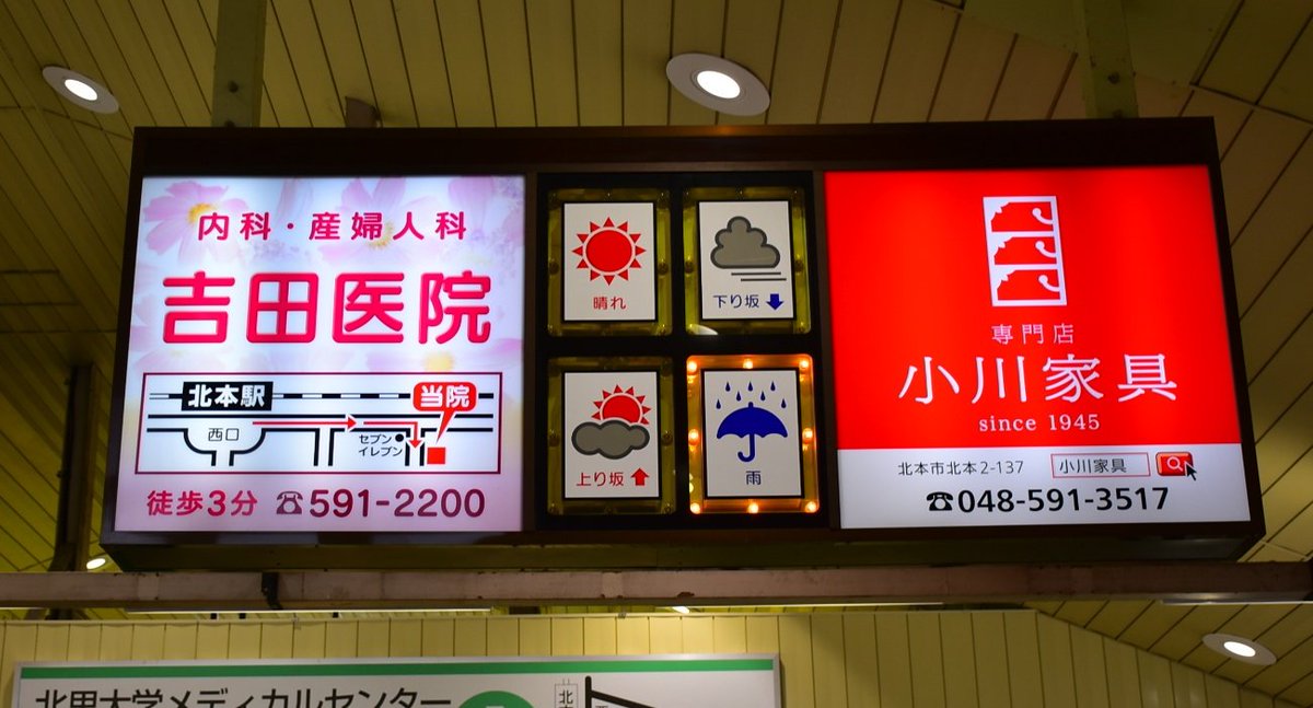 北本駅1番線の駅名標は光らない板に更新されちゃったけど、名所案内や