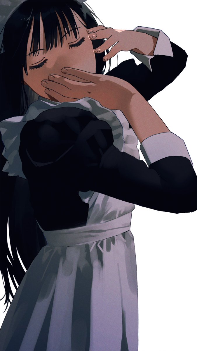 1girl solo black hair maid apron closed eyes white background  illustration images