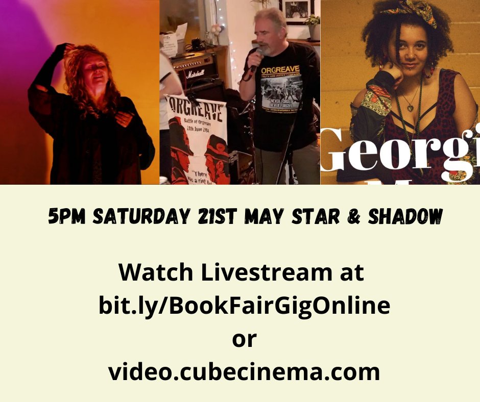 5pm Bookfair Cafe gig Star and Shadow Cinema  - Watch Livestream at 
bit.ly/BookFairGigOnl…
or
video.cubecinema.com