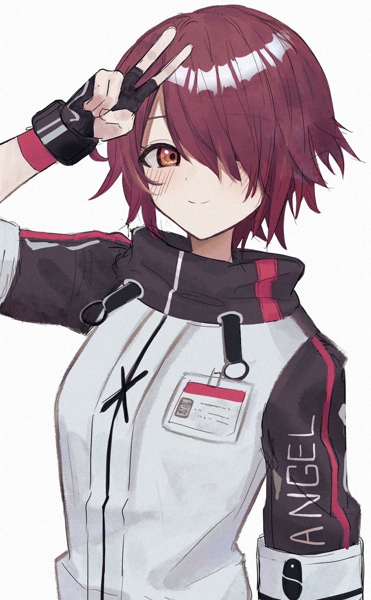 exusiai (arknights) 1girl solo gloves fingerless gloves red hair hair over one eye short hair  illustration images