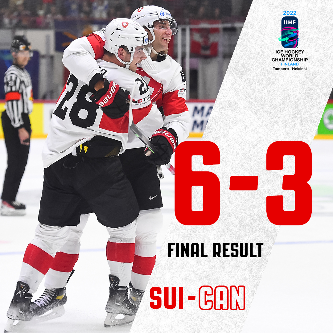 SwissIceHockey's tweet photo. What a game 😍 Sieg gegen 🇨🇦 und der 5. Sieg im 5. Spiel! 💪 

🚨🇨🇭: 13.' Fora, 16.' Kukan, 20.' Siegenthaler, 27.' Hischier, 44.' Suter, 59.' Meier

Victoire contre le Canada / Vittoria contro il Canada 👏

Final result | #IIHFWorlds | 🇨🇭 6:3 🇨🇦 https://t.co/V6TuOI9gRi