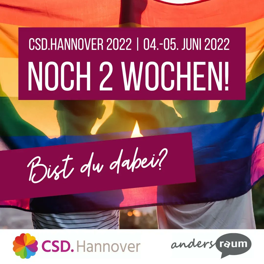 Nur noch 2 Wochen! Die Vorfreude auf den #CSDHannover 2022 wächst! 🥳

Die CSD Demo &amp; Auftaktkundgebung findet samstags statt. Außerdem ist ein Bühnenprogramm am Samstag &amp; Sonntag in Planung. Das Straßenfest findet dieses Jahr eintägig sonntags statt. 

#csd2022 #csdhannover22