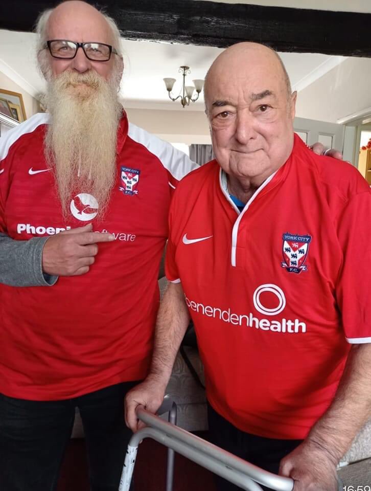 LaverickLisa's tweet photo. #YCFC Watching York City win. Harry and Richard. Richard is an honorary York city fan as he is up from Plymouth. Harry is a devoted fan who watched the streaming. Congratulations York City! We are York. https://t.co/TNCq3oMecP
