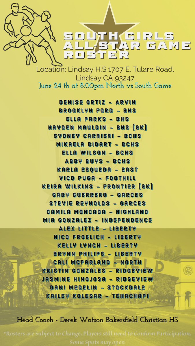 Congratulations to the South Girls All-Star Game Players Selected. @BCHSSPORTS <a href="/Project86er/">Derik Watson</a> <a href="/GarcesAthletics/">Garces Memorial Athletics</a> <a href="/gmhsgirlssoccer/">Garces Women’s Soccer</a> <a href="/GirlsSoccerBC/">Bakersfield Christian HS Girls Soccer 🦅⚽️</a> <a href="/BHSDrillers/">Bakersfield High</a> <a href="/FoothillTrojans/">Foothill High School</a> <a href="/BVarsityLive/">BVarsityLive</a> <a href="/BakoSportsNet/">Bakersfield Sports Network</a> <a href="/stockdalehigh/">Stockdale HS</a> <a href="/LHS_Patriots/">Liberty Patriots</a>