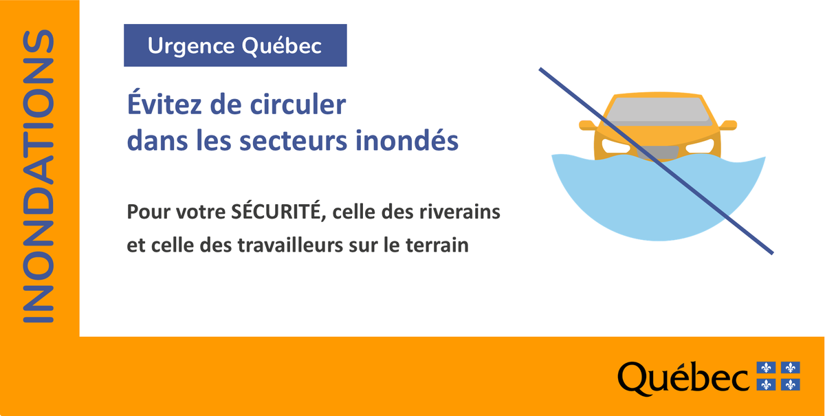 urgencequebec's tweet photo. #Crue printanière | Éviter de #circuler dans les secteurs #inondés, particulièrement là où des travaux ont lieu. Vous faciliterez ainsi le travail des intervenants et éviterez les soucis puisque les routes pourraient être instables en raison des accumulations d'eau.
#inondation https://t.co/b3du4oxMgB