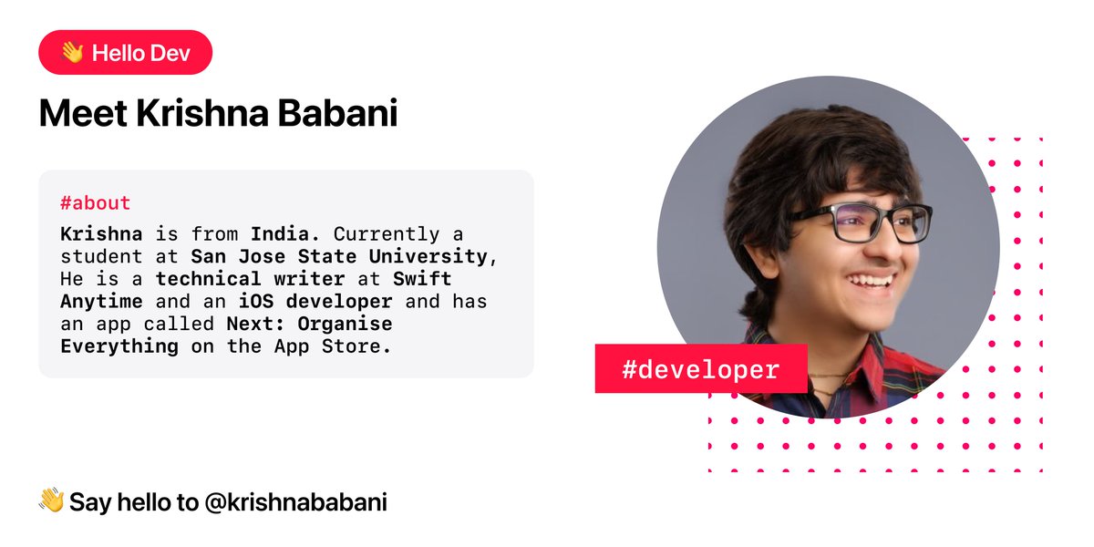 swiftanytime's tweet photo. ๐Hello developers! Itโs time for the Developer of the Week! It's our very own member of the team!
Meet @krishnababani, our technical writer
Download his app Next: Organise Everything on the app store: https://t.co/yAqTNa6Q65
#iOSDev #DeveloperOfTheWeek #SwiftAnytime https://t.co/kchIt9CoMj