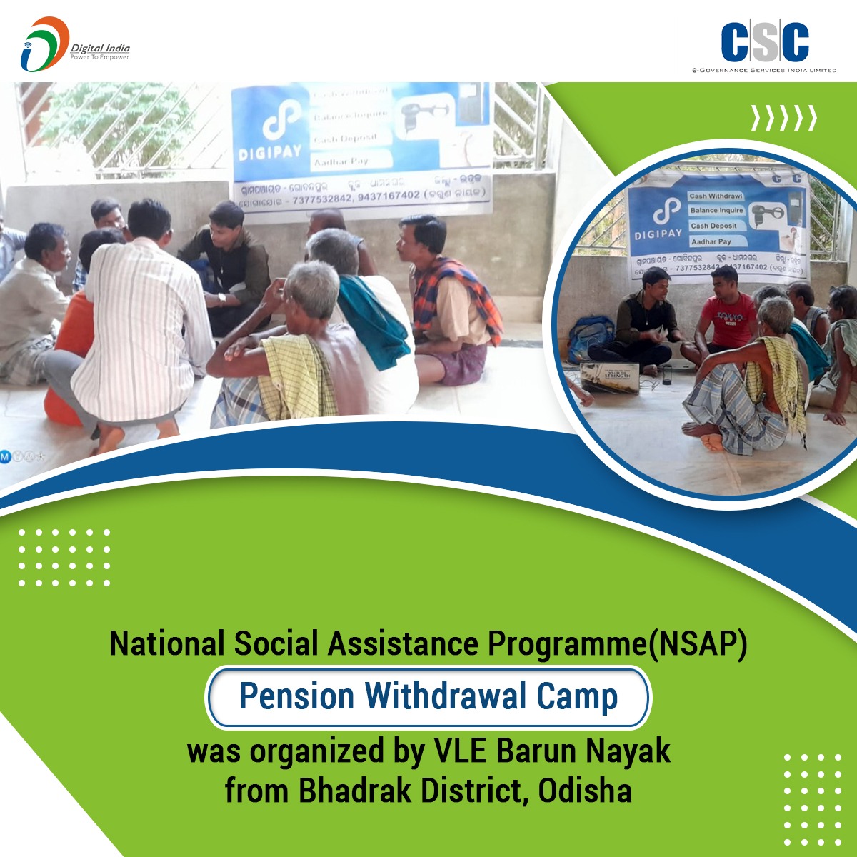 National Social Assistance Programme(#NSAP) Pension Withdrawal Camp was organized by VLE Barun Nayak from Bhadrak District, Odisha.

#CSC #DigitalIndia #RuralEmpowerment #SaturdayMotivation #SaturdayFeeling #Pension