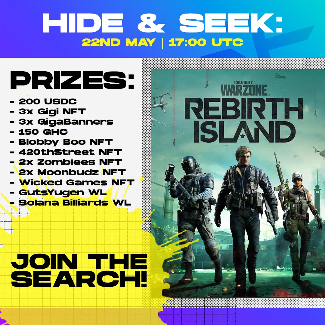 Join tomorrow for Hide &amp; Seek w/ <a href="/BlobbyBooCrew/">BlobbyBooCrew</a>, <a href="/Real420thStreet/">420th Street -- MINT IS LIVE!</a>, <a href="/ZombieesNFT/">Zombiees! 🧟‍♂️ STAKING IS LIVE</a>, @PotPrincessNFT, <a href="/WickedGamesNFT_/">Wicked Games</a>, @GutsYugen &amp; <a href="/SolanaBilliard/">SolanaBilliardClub | BAGMI</a> for a prize pool of over $300! 

Enter here: forms.gle/DNQFaqAN9WqtRX…

Hosted by <a href="/Zolhh/">Zolh</a> 

T&amp;Cs apply. #NFTcommunity $GHC #SolanaNFTs
