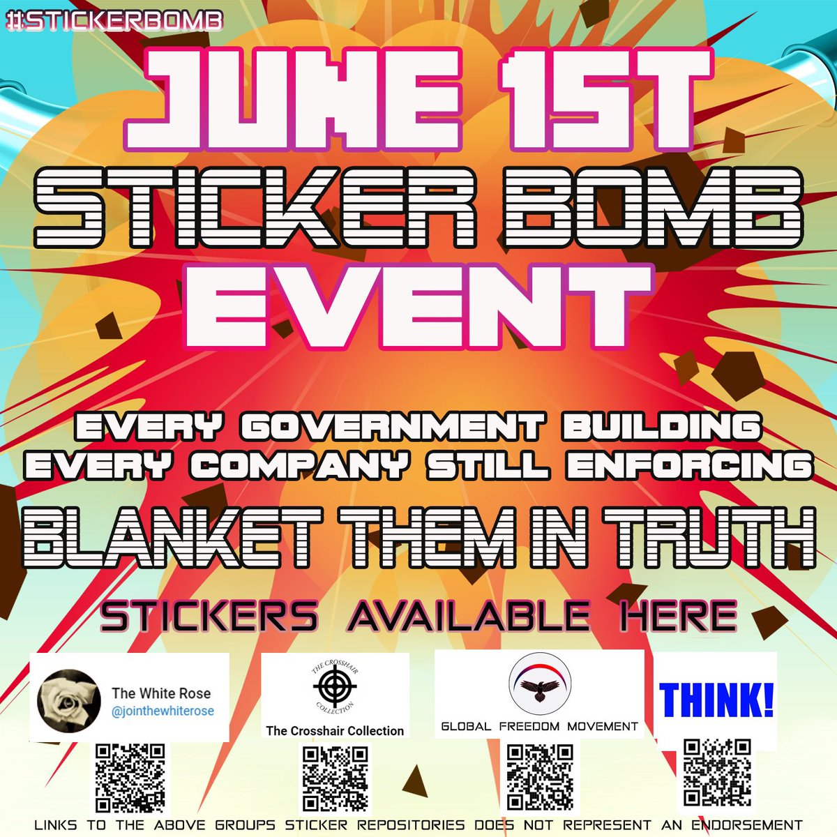 GlobalFreedomM's tweet image. It’s time to Stickerbomb the truth! 
Follow the links.
Get stickers printed and ready.
Tell everyone about it.
On June 1st we blanket the world in truth!
#stickerbomb 
#weWillAllBeThere