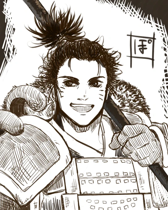 鳥居元忠さん落書き。最初はそんなに意識して使ってなかったんですが、武力8の鉄砲がめっちゃ強いです。計略は撤退しちゃうのが怖くてあんまり打ててないです。兜の構造が良く分からなかったので戦国の頃の絵を参考にしました😉 #英傑大戦 