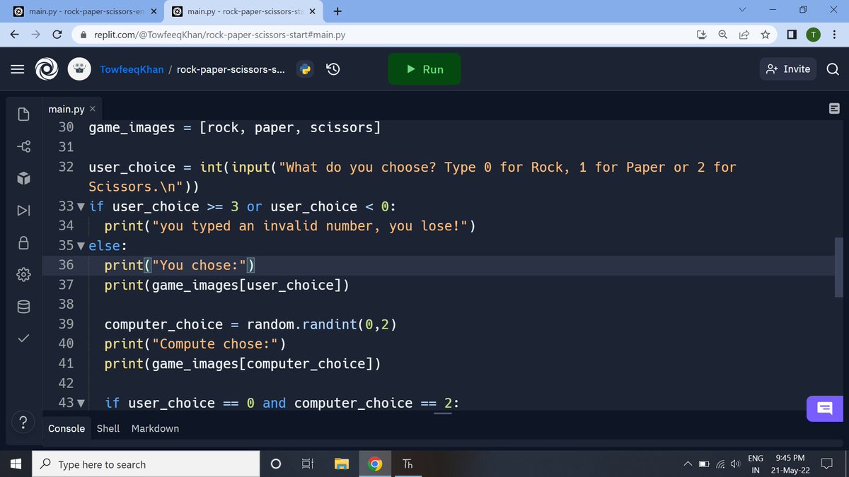 Towfeeqkhan7's tweet image. #pythonjourney Rock🤘Paper📄 & Scissors ✂ game 🎮 using List, Random module, if elif & else.
#project2 #Python #pythoncode #pythonlearning #Python3 #pythonprogramming #pythongames
#Coding #programming #100DaysOfCode
