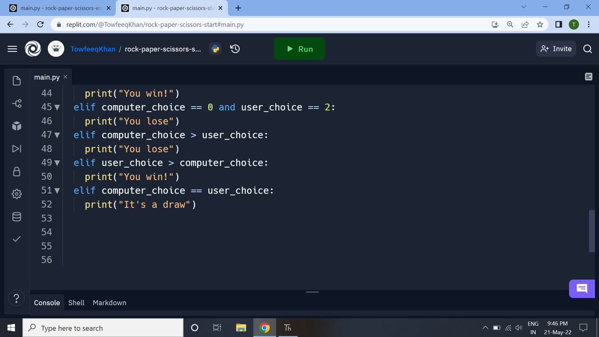 Towfeeqkhan7's tweet image. #pythonjourney Rock🤘Paper📄 & Scissors ✂ game 🎮 using List, Random module, if elif & else.
#project2 #Python #pythoncode #pythonlearning #Python3 #pythonprogramming #pythongames
#Coding #programming #100DaysOfCode