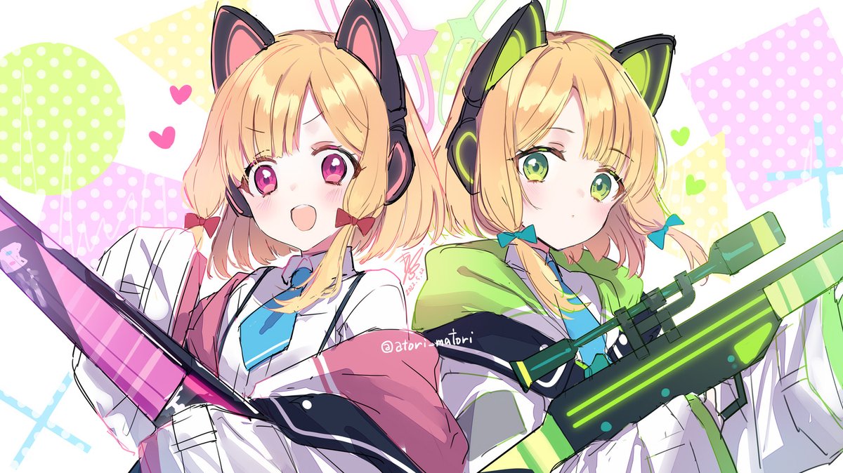 midori (blue archive) ,momoi (blue archive) multiple girls 2girls animal ear headphones headphones weapon green eyes animal ears  illustration images