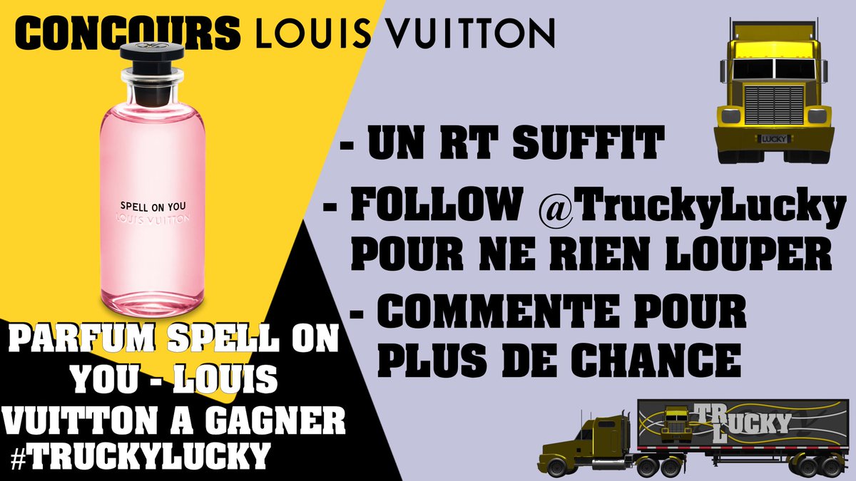 TruckyLucky's tweet photo. #Concours #Jeu
🎁Gagnez le parfum Spell On You par @LouisVuitton !

- 1 #RT suffit

🍀Plus de chances :
📲Sur l'app :
https://t.co/YMxqrtUQdF
💬Commentez avec mentions

Suivez @TruckyLucky pour plus de concours.

#JeuConcours #LVGifts #LouisVuitton #LV #TL #SpellOnYou #LVParfums https://t.co/0zGqsnLa6h