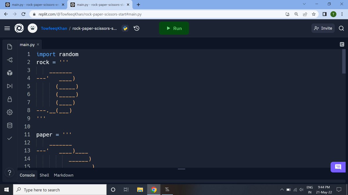 Towfeeqkhan7's tweet image. #pythonjourney Rock🤘Paper📄 & Scissors ✂ game 🎮 using List, Random module, if elif & else.
#project2 #Python #pythoncode #pythonlearning #Python3 #pythonprogramming #pythongames
#Coding #programming #100DaysOfCode