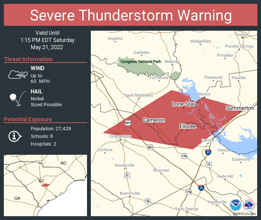 NWS Severe Tstorm on Twitter "Severe Thunderstorm Warning including Summerton SC, Elloree SC