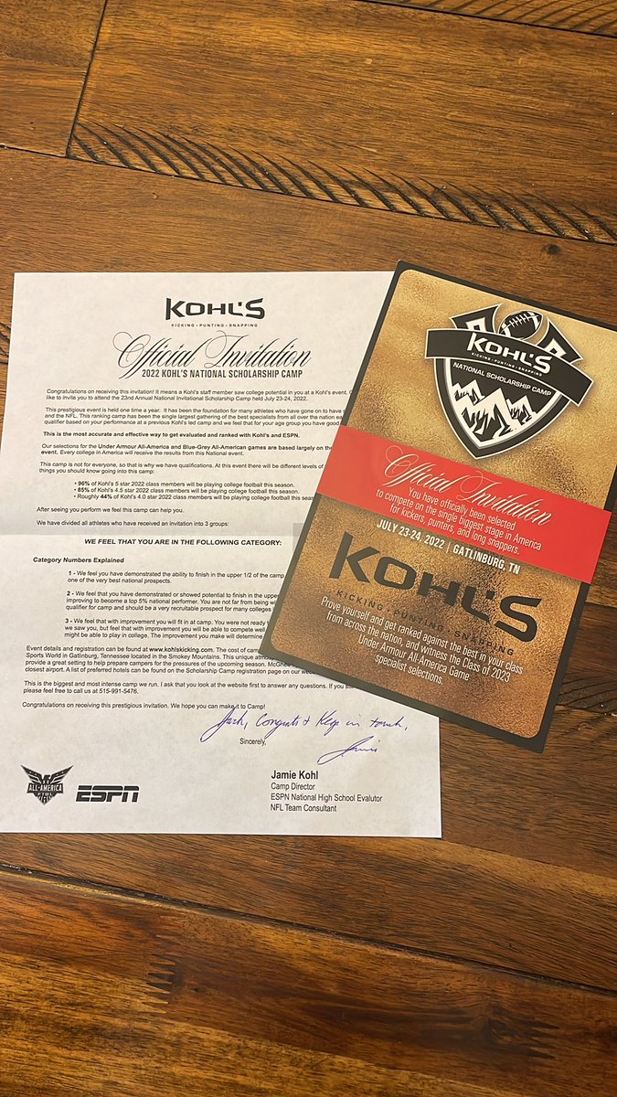 JackMJoyce1's tweet photo. Thankful to receive an official invite to the @KohlsKicking National Scholarship Camp. Looking forward to competing. @EddieMish22 https://t.co/FYF5qUi8on