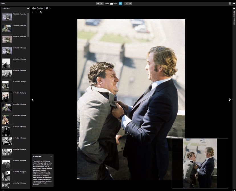 Finally deployed the wonderful open source @iiif_io @universalviewer for @BFI colleagues to access our 1.4 million digital photographs from c90 years of film and tv collecting. Next up, deploy for BFI Reuben Library users. Get Carter photo preserved by BFI National Archive.