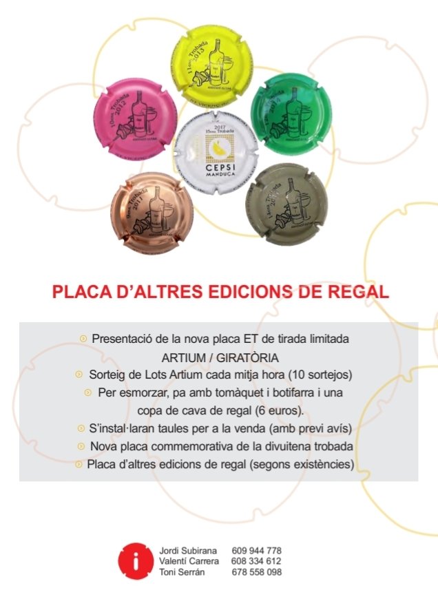 CepsiManduca's tweet photo. 🍾 Diumenge 22 de maig,
18a. Trobada d'intercanvi de plaques de #cava a #SVCastellet #Bages
#trobadaplaques #trobadaplaquescava 
#trobadaplaquesceps 
Proveïdor oficial: @Artium1908 🥂
@SVCastellet https://t.co/McUyfSd4tx