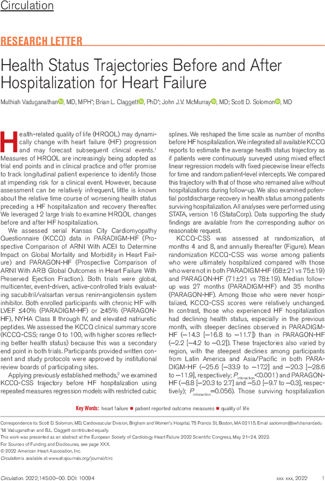 #SimPub with @escardio #HeartFailure2022 in @CircAHA

How does health status change before & after a HF 🏥?

Protocolized serial #KCCQ in #PARADIGMHF & #PARAGONHF uncovered worsening health status in months prior to HF🏥 with only partial recovery after

ahajournals.org/doi/10.1161/CI…
