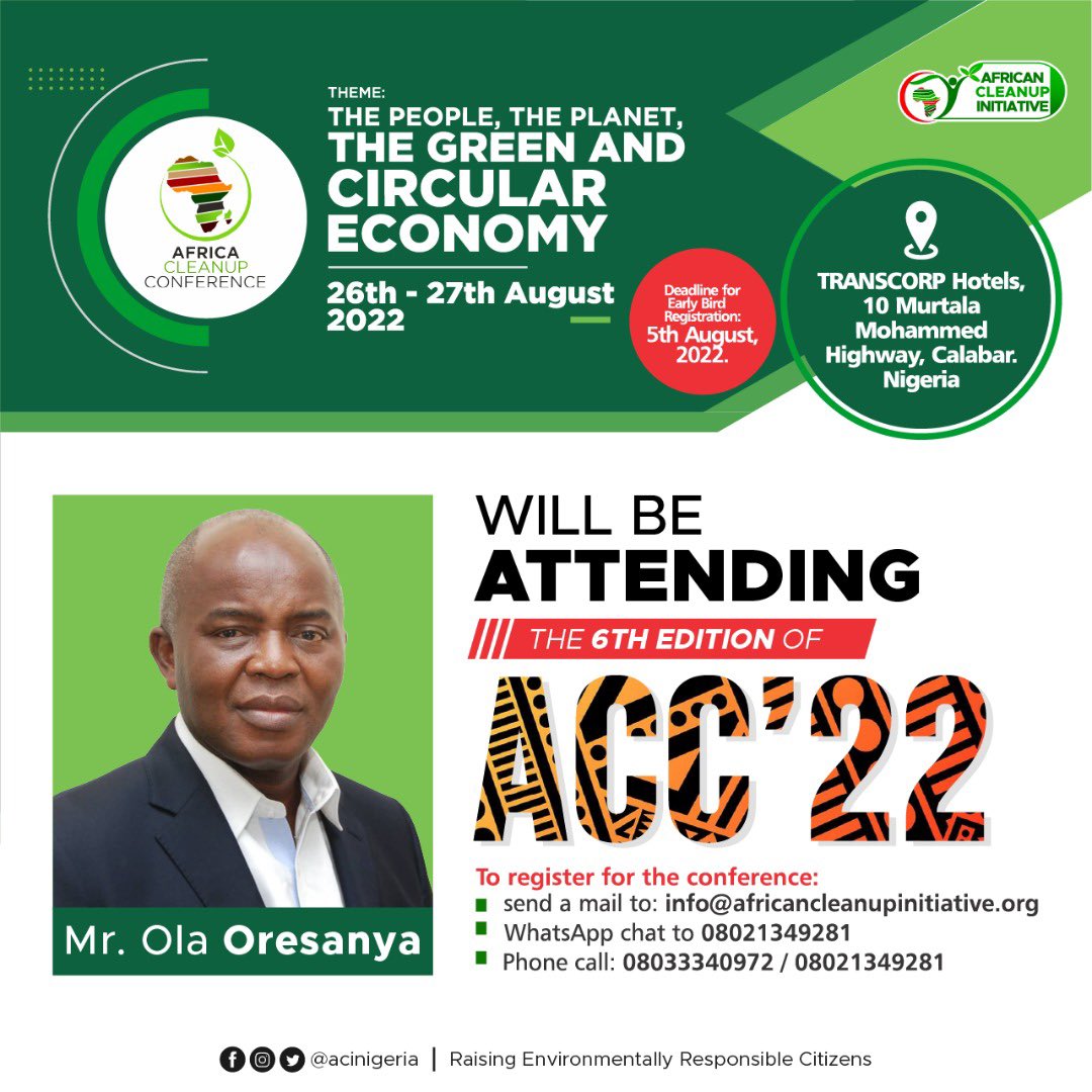 recyclespay's tweet photo. #ACC2022Calabar

Have you registered for the Africa Cleanup Conference 2022 scheduled to be held at TRANSCORP Hotels in Calabar? 

If YES, Congratulations and If No, reach out to 08021349281 or 08033340972 for the registration details. —/1 https://t.co/tNIq4gIvvm
