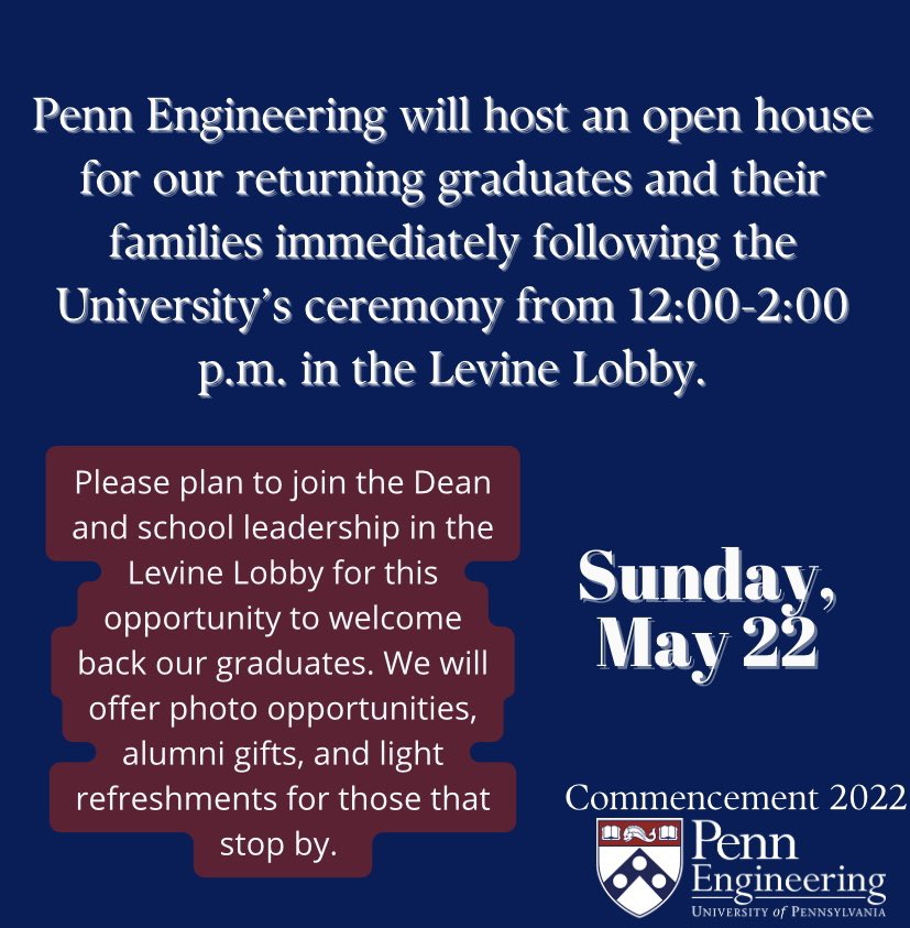 PennEngineers's tweet photo. Immediately after —> @UofPenn’s Commencement
for all Class of 2020 Graduates and Class of 2021 Master’s and Doctoral Graduates is tomorrow from 10:15-12:00 p.m. at Franklin Field
..
Join us in Levine!
#pennenggrad #pennengineeringproud https://t.co/YMzdlh7d57