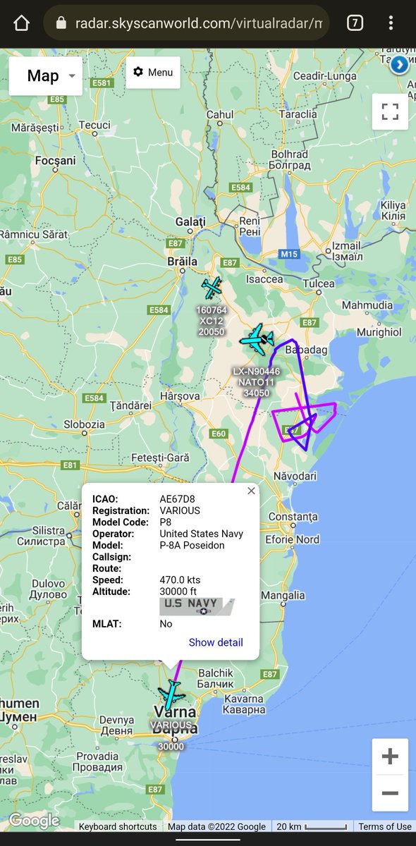 scan_sky's tweet photo. Several Airframes Operating Over #Romania 🇷🇴 Close To The #Odessa Oblast 🇺🇦

#NATO - E-3A Sentry - LX-N90446 - #NATO11
US Navy 🇺🇸 - Boeing P-8A Poseidon - Tactical Hex #AE67D8
US Navy 🇺🇸 - Lockheed EP-3E "Aries II" - #XC12 https://t.co/ztHbxYwrcn