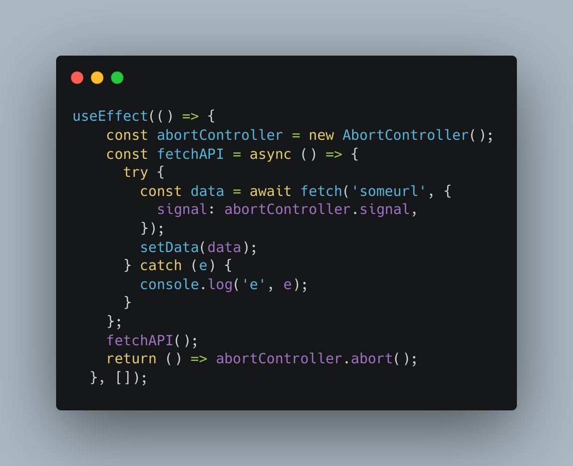 _jayantSharma's tweet photo. How to Abort/Cancel an unfulfilled fetch request when component unmounts.
Here 𝐀𝐛𝐨𝐫𝐭 𝐂𝐨𝐧𝐭𝐫𝐨𝐥𝐥𝐞𝐫𝐬 come to the rescue.
#React #webdev #javascript #100daysofcodechallenge https://t.co/CR8OhnpfLB