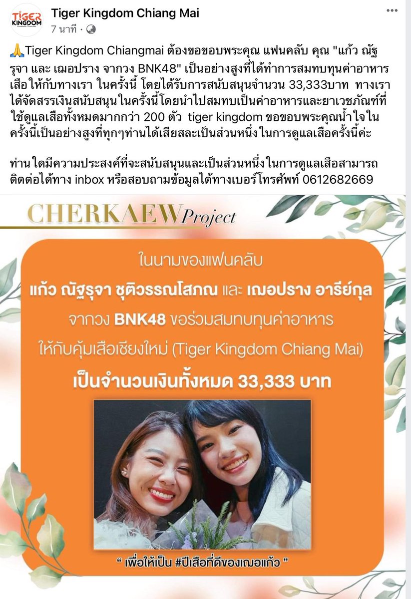 our_cherkaew's tweet photo. จาก #CherKaewProject ที่ผ่านมา ทางทีมได้นำเงินบริจาคมอบให้กับทางคุ้มเสือเชียงใหม่(Tiger Kingdom Chiang Mai) เป็นจำนวนเงินทั้งสิ้น 33,333 บาท

ทุกท่านสามารถเข้าไปรับชมโพสต์ได้ที่ลิ้งค์ด้านล่างนี้ได้เลยค่ะ✨
🔗 https://t.co/v7LWIaFIxm

#CherprangBNK48 #KaewBNK48 https://t.co/5E8jaLLPyZ