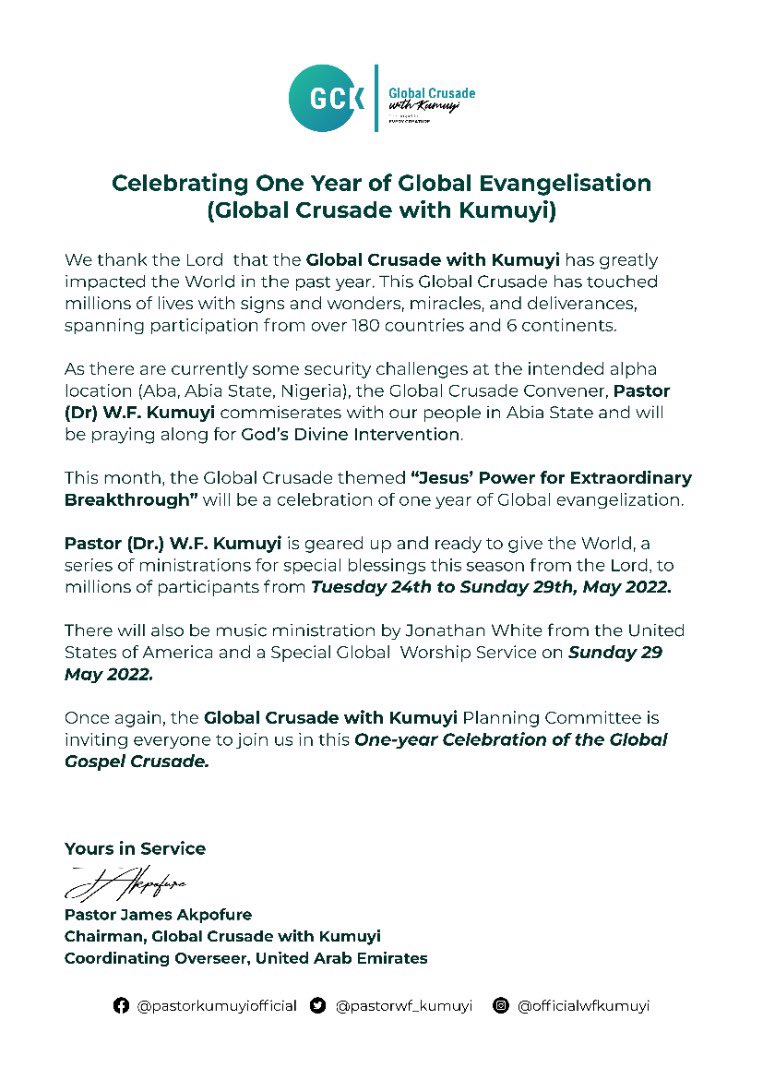 pastorwf_kumuyi's tweet photo. Celebrating One year of Global Evangelization. https://t.co/CSLLBUZ4h5