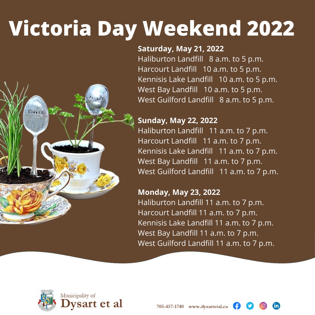 Wishing everyone a safe and happy #VictoriaDayWeekend! To use Dysart landfills, property owners must show a valid Landfill Identification User Card. Short-term renters must use a valid One-Time Landfill Pass.