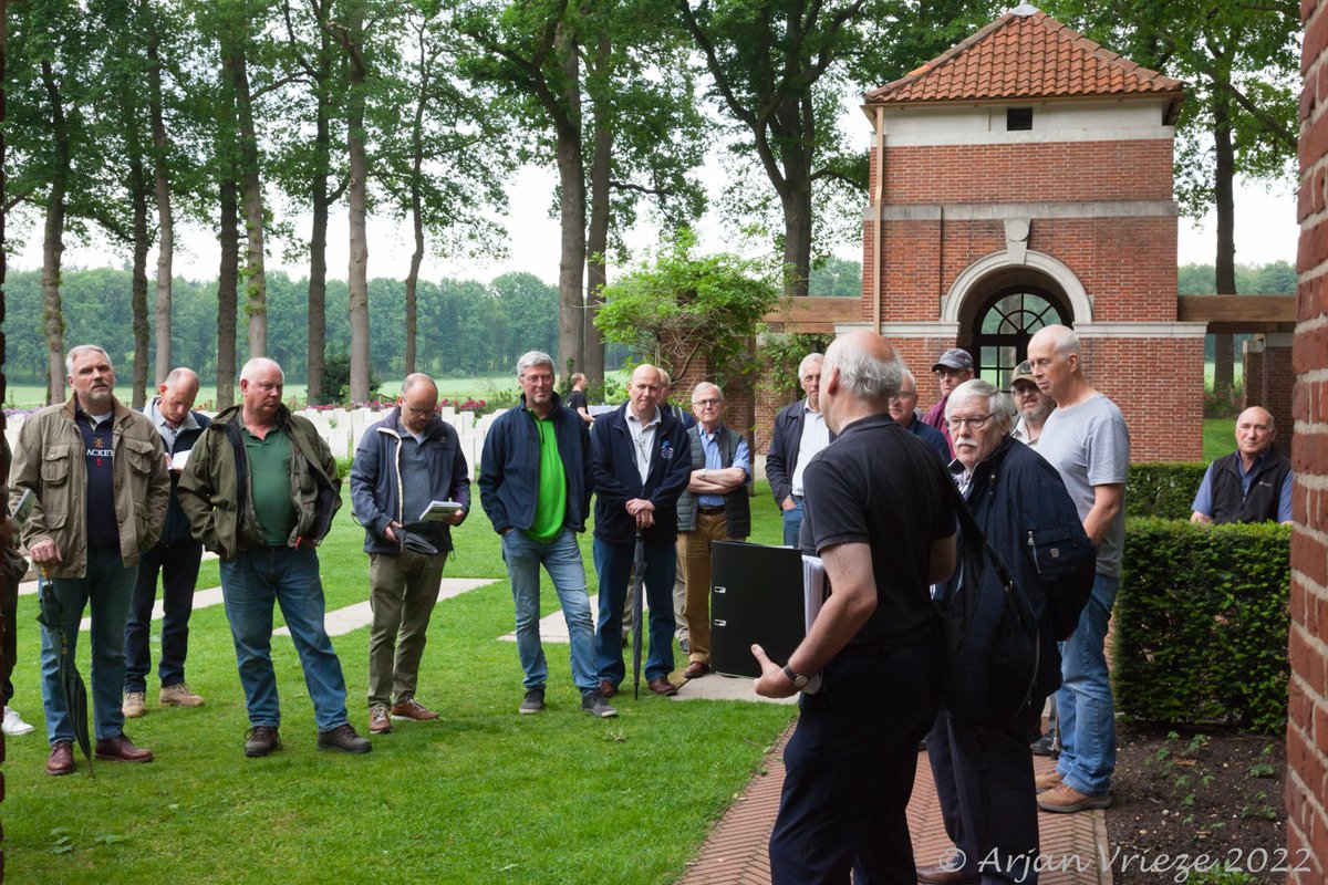 Arnhem44Fellow's tweet photo. Just a few photos from Day 1 of our May weekend.......The very knowledgeable Graham F discussing stories behind the headstones in Oosterbeek....Thanks to Arjan for the images. https://t.co/XxmolEH1rh