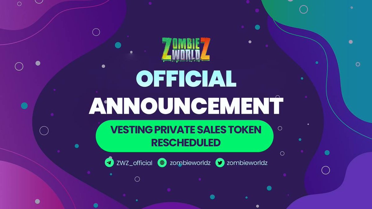 ✨ OFFICIAL ANNOUNCEMENT: VESTING PRIVATE SALE TOKEN RESCHEDULED ✨

⏰ The new Vesting schedule:
- Lock Token for  3 months: Apply from May 18th, 2022
- Linear monthly vesting the remaining balance in 18 months: Starting from August 18th 2022

➡️t.me/zombieworldz/5…