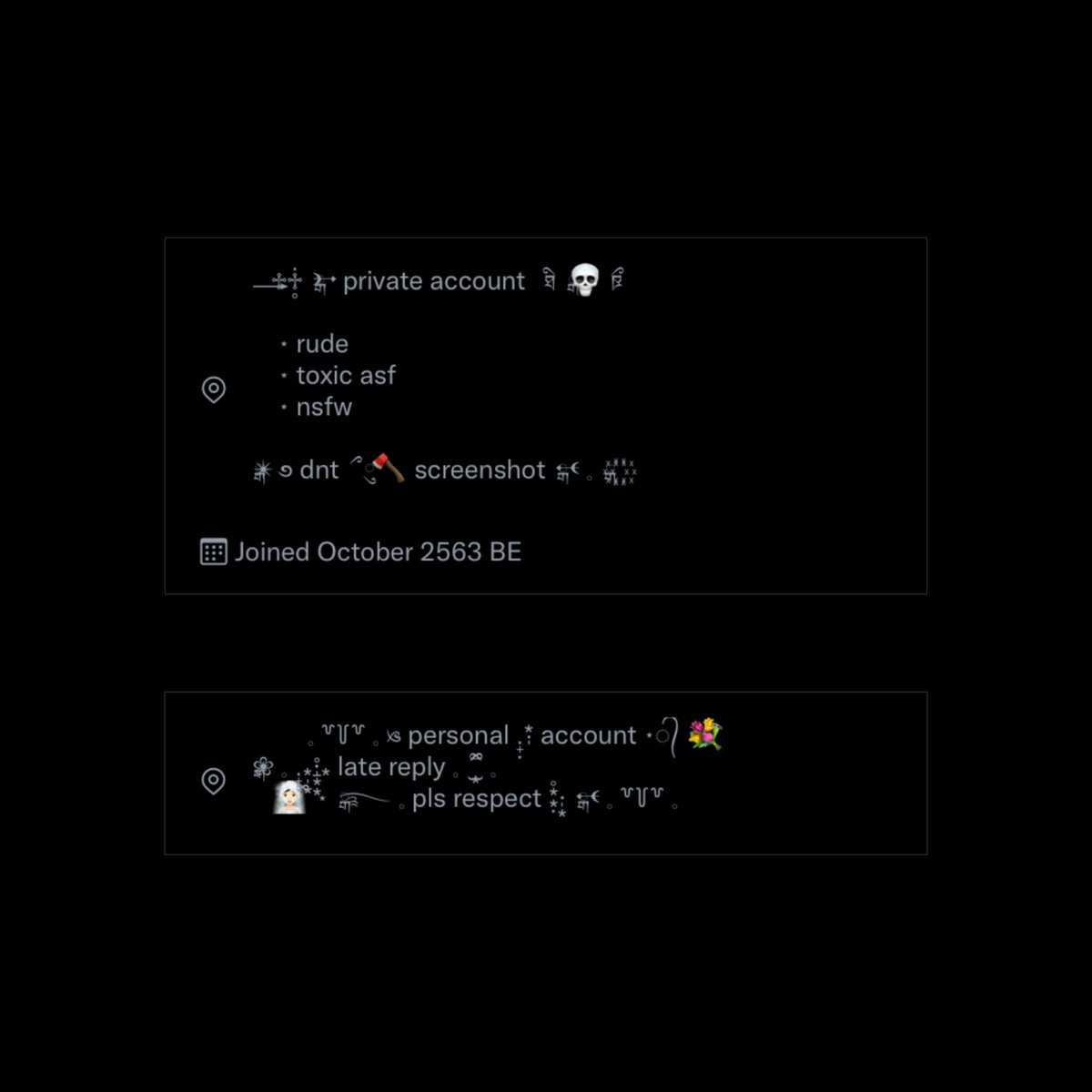 ⠀ free form private + personal acc
⠀⠀⠀ྒ❤︎ mention anything for all 
⠀can edit emoji and texts * only flws *