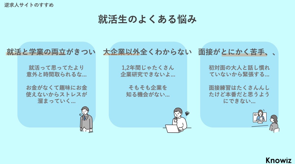 Knowiz_Career's tweet photo. 【逆求人サイトのすすめ】
🔥効率✖️経験値✖️企業認知🔥

🌧就活生の悩み
・就活と学業,アルバイトの両立がきつい、、
・大手以外の企業がわからない、、
・面接がとにかく苦手

☀️逆求人サイトを上手に使い、納得就活！

#24卒 #25卒 #knowiz #スカウト #納得内定 https://t.co/2xX8I1NxTl