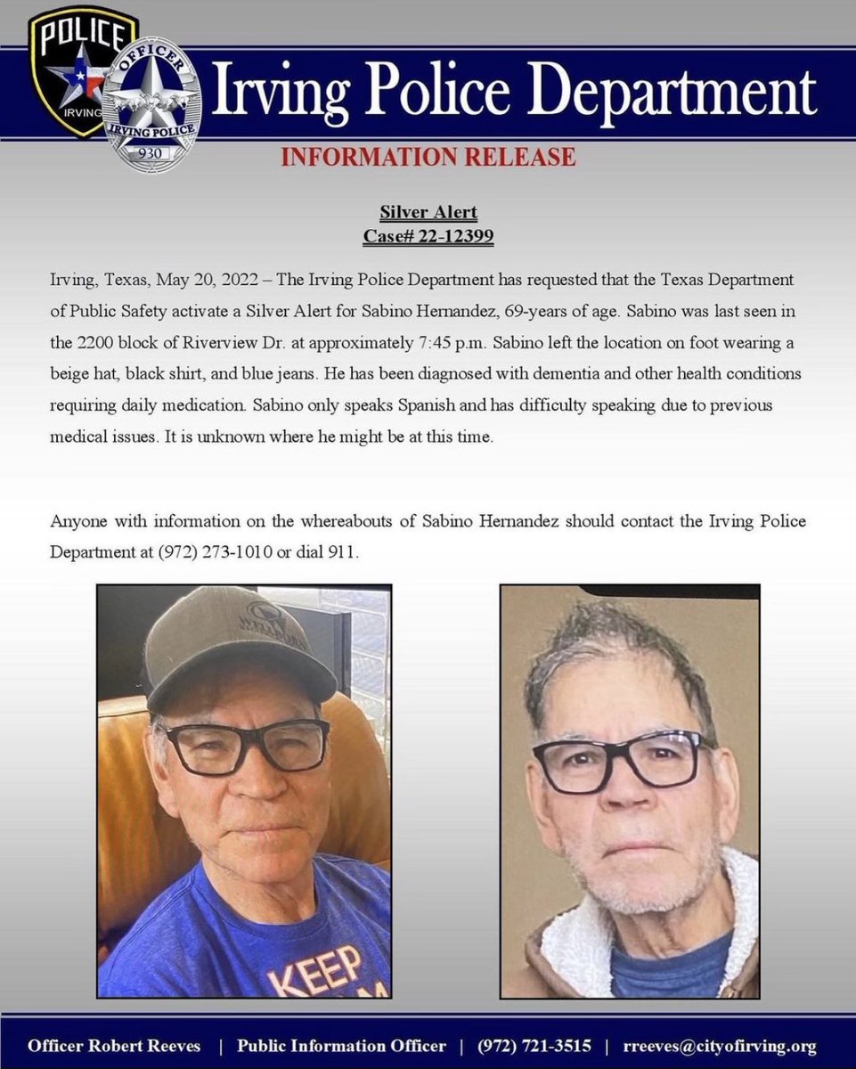 _guacamadi_'s tweet photo. My Abuelito has been missing since last night from Irving, TX. He has dementia and is probably lost and scared. Please keep a lookout if you’re in that area and call the police dept. if you have any information. https://t.co/GliWJvK9oW
