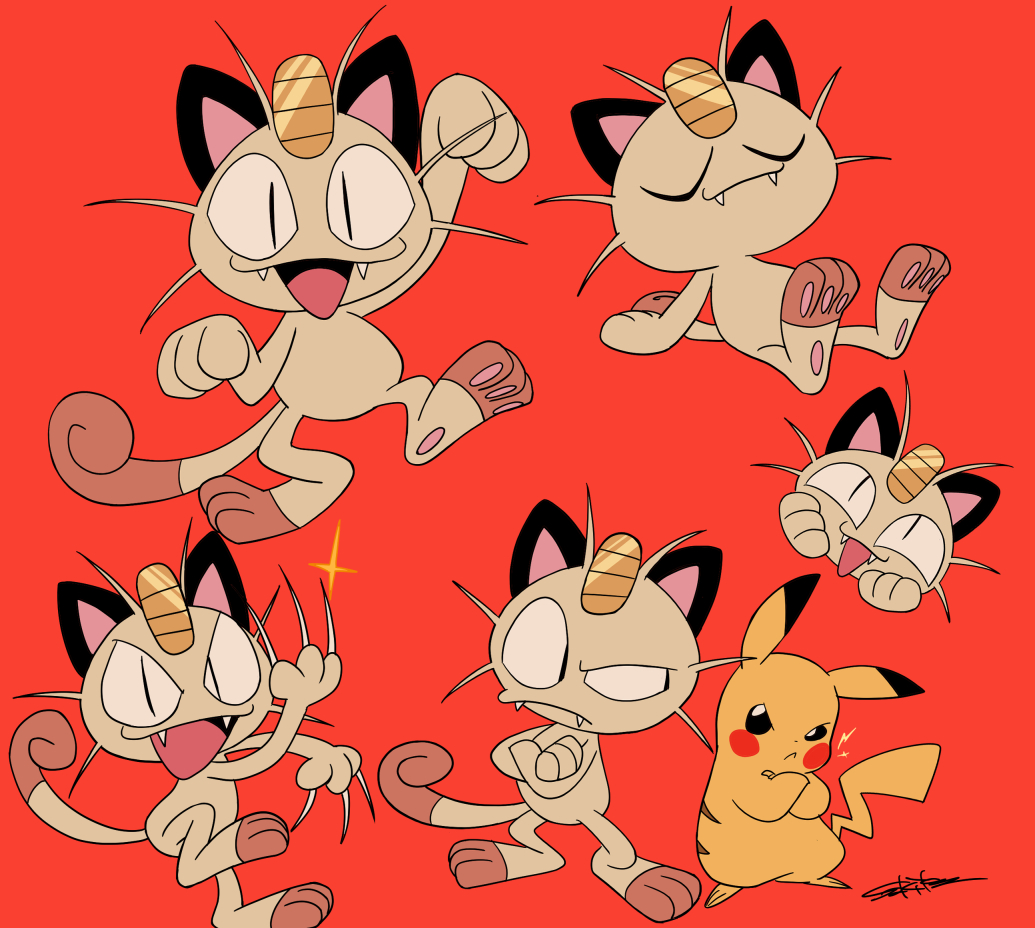 meowth ,pikachu pokemon (creature) red background no humans fangs signature closed eyes simple background  illustration images
