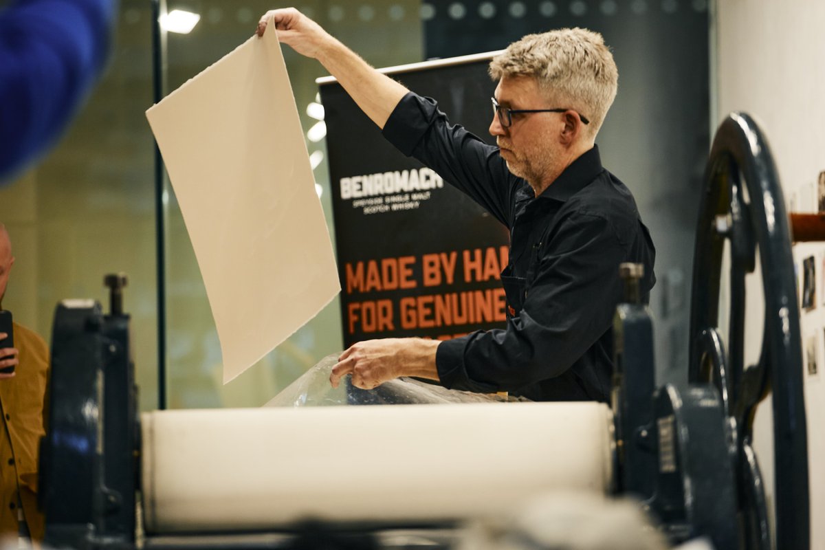 Benromach's tweet photo. Ian McNicol visited #Benromach distillery and found inspiration in our copper stills which became a central theme in his artwork. Our #Firsthand collaboration celebrates our collective appreciation for the #handmade.

#Firsthand #BenromachFirsthand https://t.co/tdUrF5C714