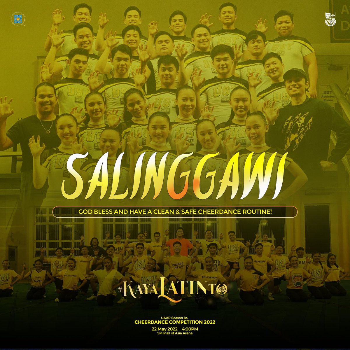 ust_csc's tweet photo. Watch the UST Salinggawi Dance Troupe take over the stage and welcome the crowd back to the Arena as we resume the UAAP Cheerdance Competition this year with the ever-loved latin sways in their #KayaLatinTo performance. https://t.co/i4LyHBvB4V