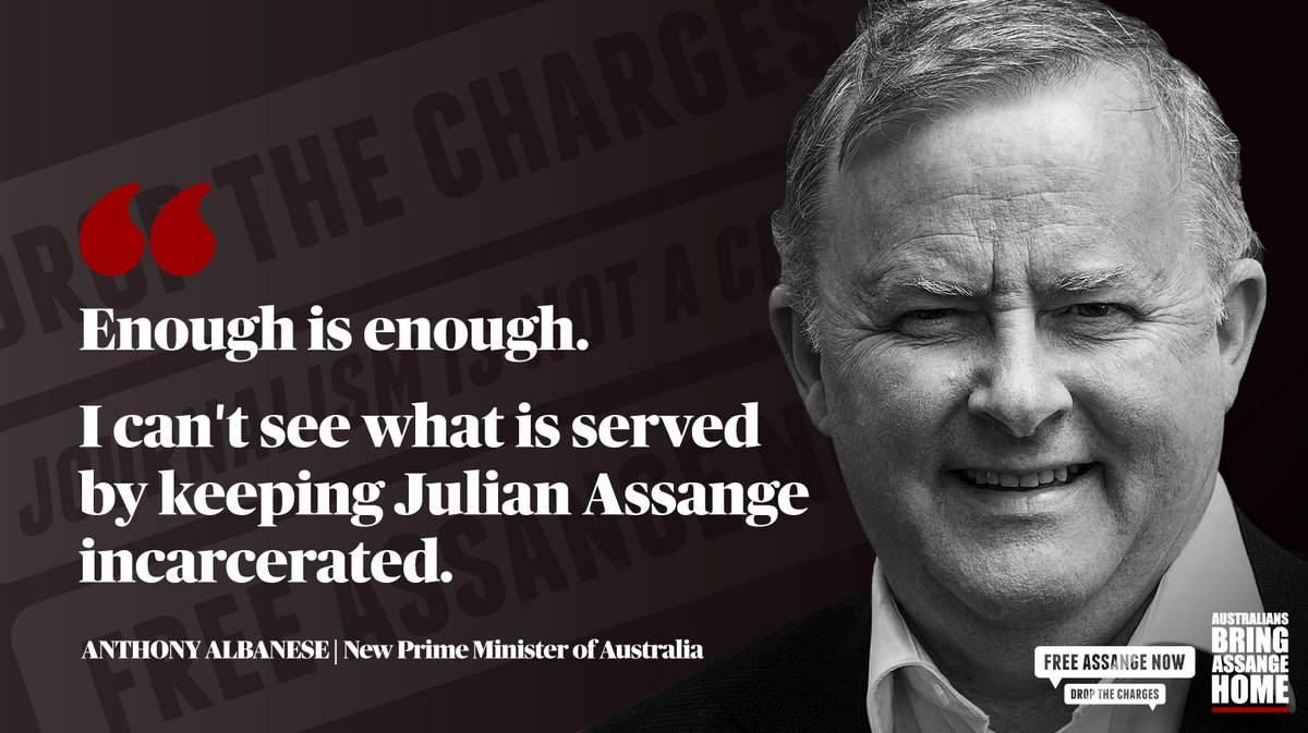 SomersetBean's tweet photo. "Enough is enough. I can't see what is served by keeping Julian Assange incarcerated."—New Australian Prime Minister Anthony Albanese @AlboMP #FreeAssangeNOW #auspol https://t.co/MDrRFGLAlC